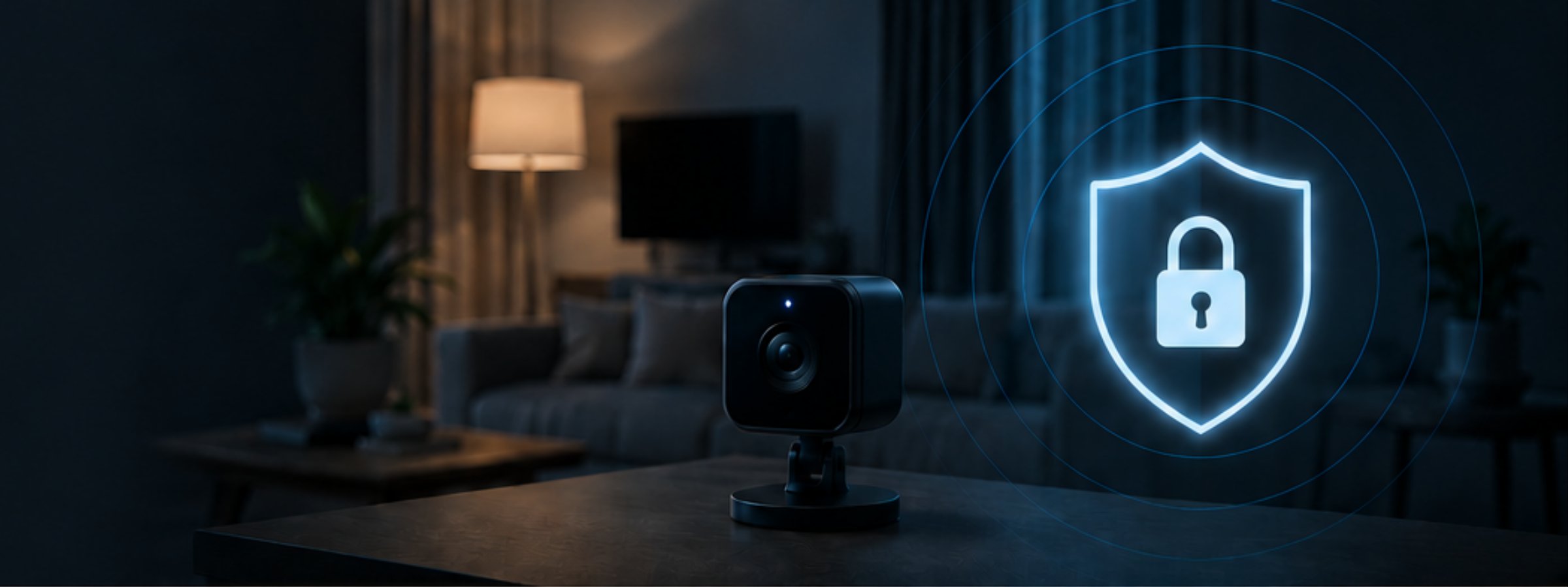 A surveillance camera on a coffee table, with a glowing shield icon symbolizing protected data