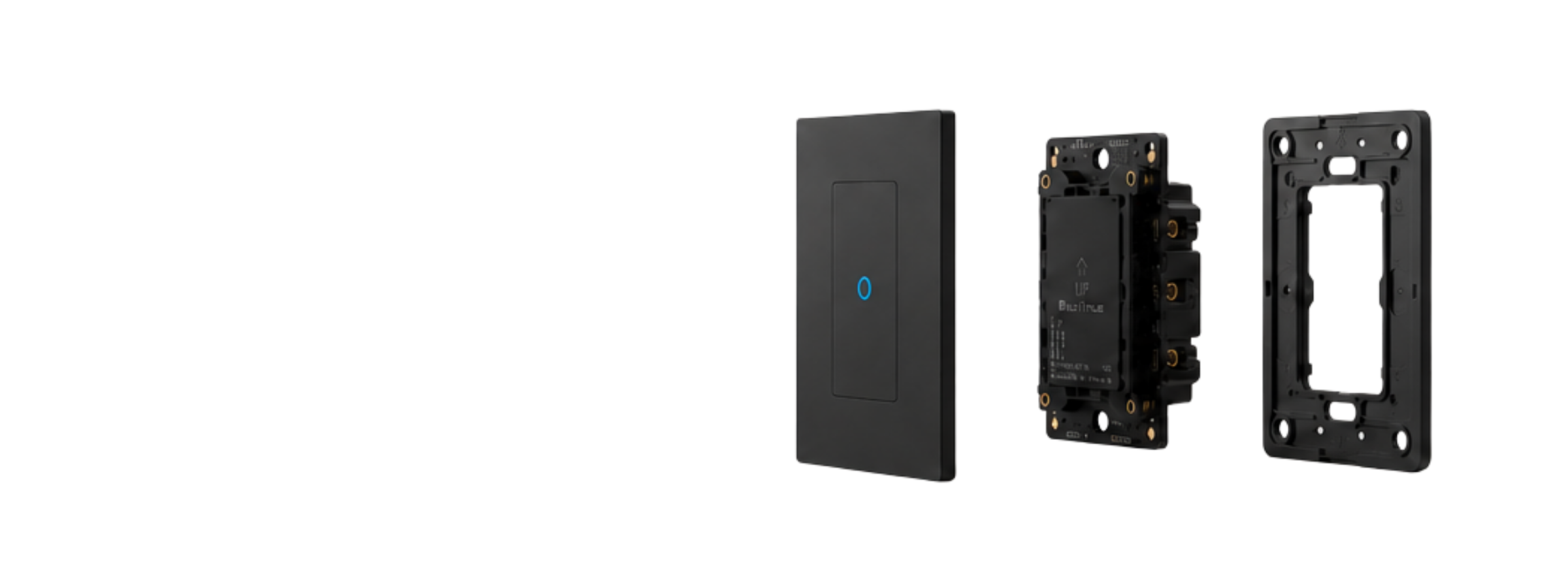Exploded view of a smart switch showing the faceplate, PCB, and mounting plate as three floating layers
