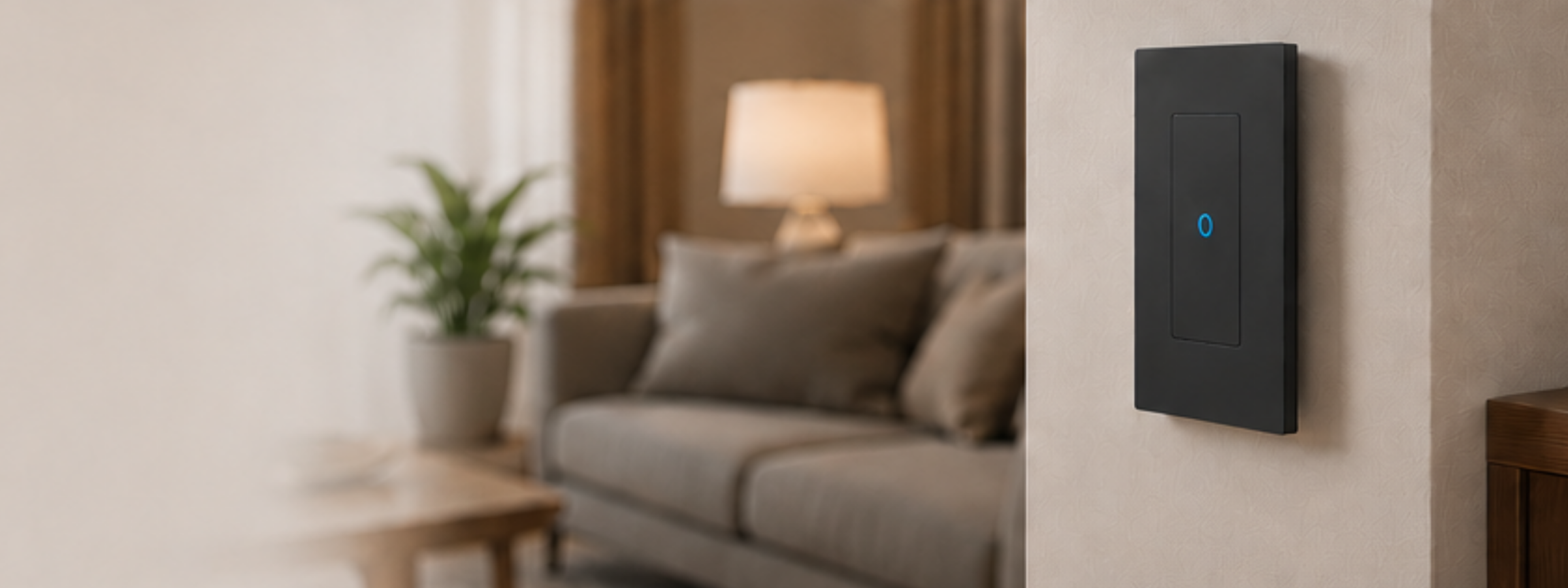 A smart switch installed on a wall in a warmly lit living room with a sofa, lamp, and plant